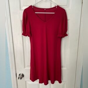 Red V-Neck Dress with Puff Sleeves